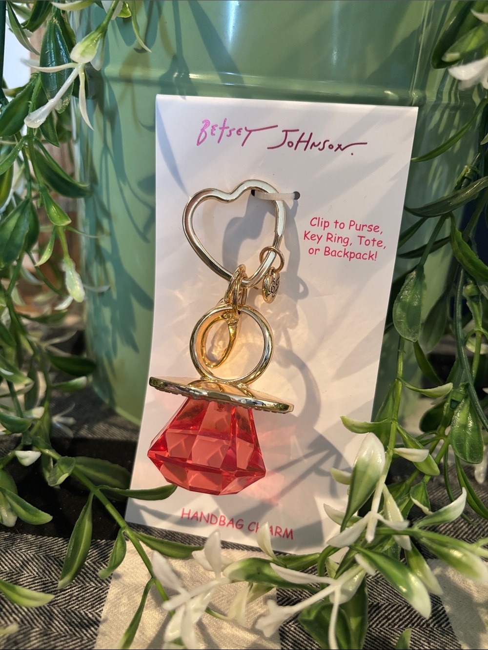 Betsey Johnson Gold-Tone Keychain with Red Gem Pacifier Charm